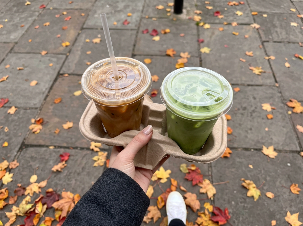 Fall morning walk with a Matcha and a Hojicha